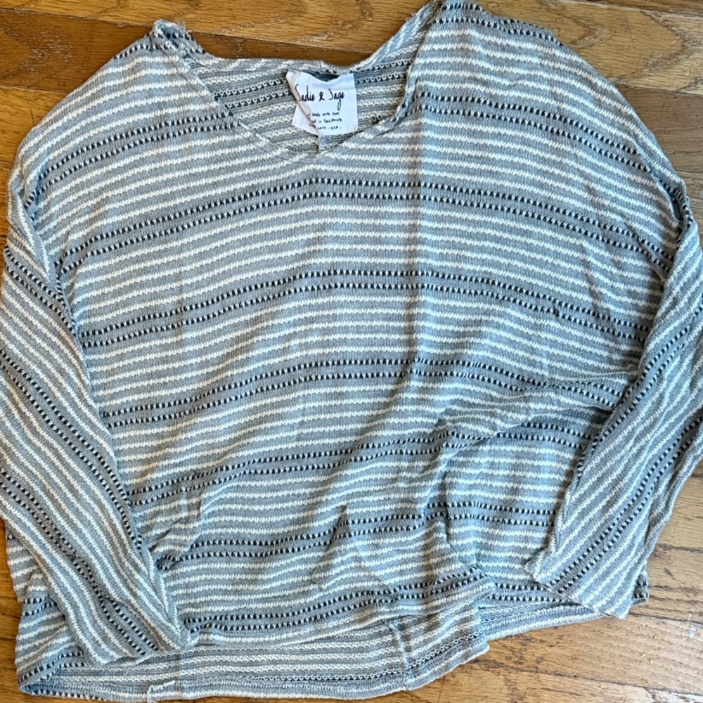 Sadie and Sage  Gray and White Striped lightweight sweater